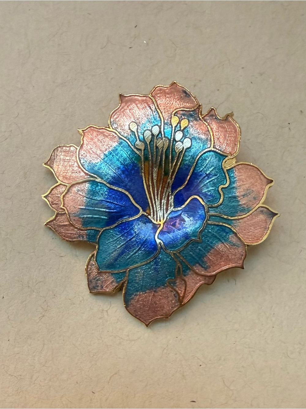 Vintage 1980s Cloisonné-Style Enamel Hibiscus Flower Brooch